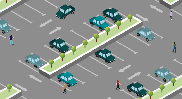 Parking lot with cars and people