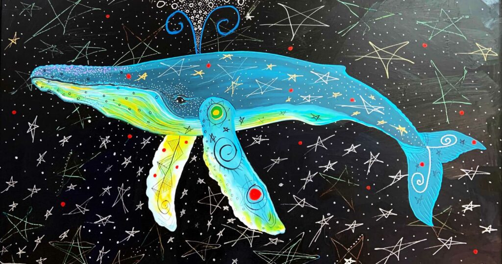 Humpback Whale acrylic on canvas painting by Mi’kmaq artist Alan Syliboy